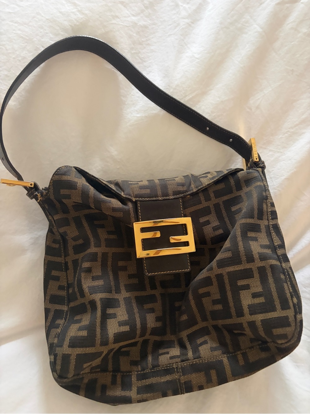 Fendi Brown & Black Zucca Shoulder Bag with Gold Buckle - Picture 2 of 4